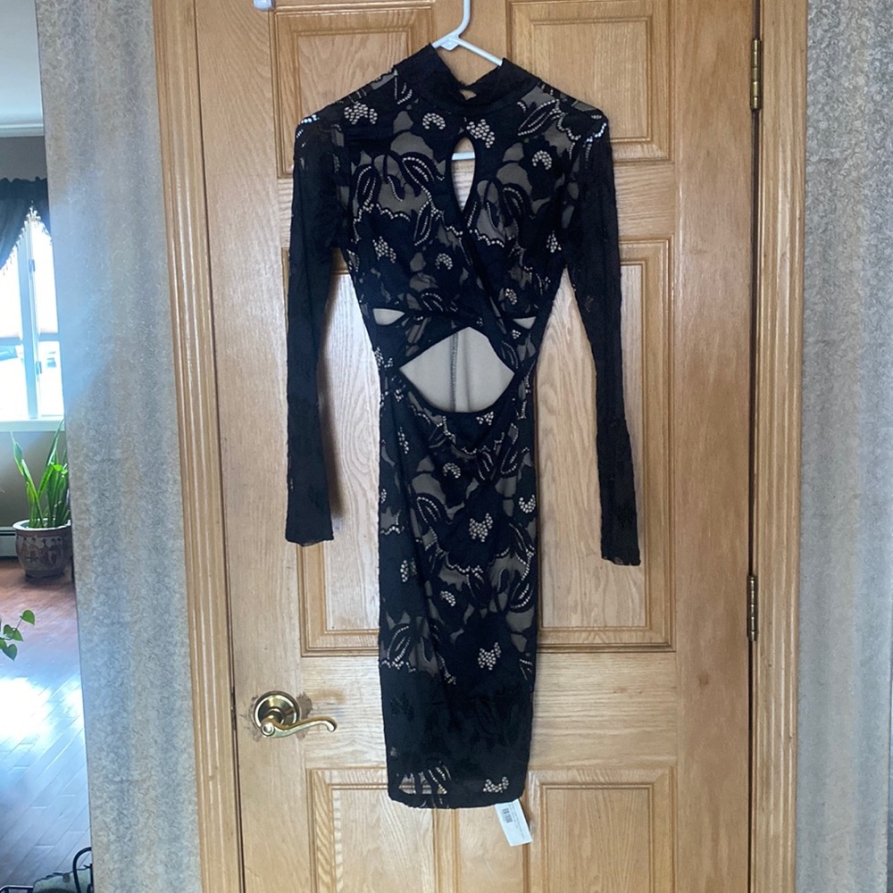 NWT High neck lace illusion black dress XS